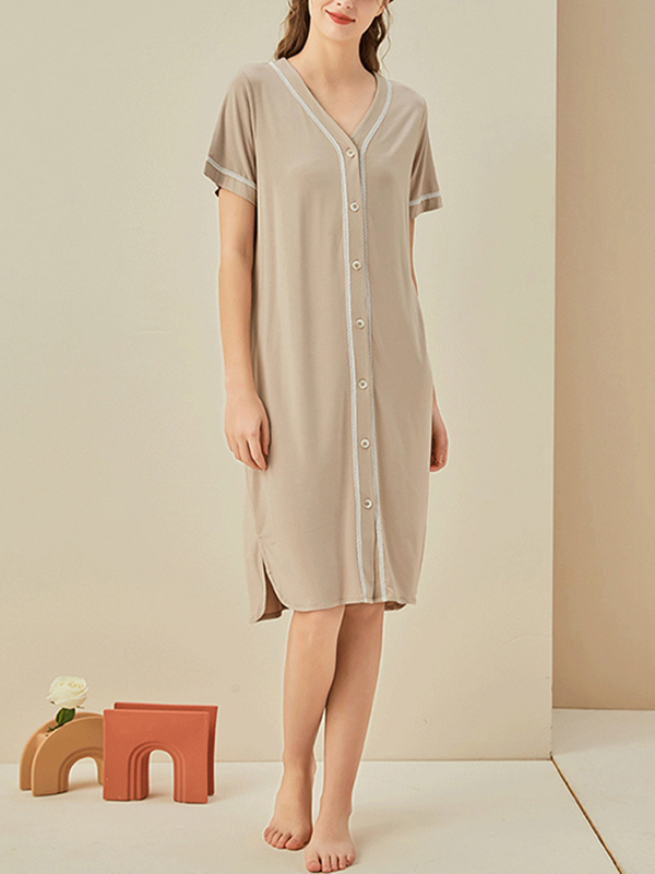 Khaki V-neck Front Button Short Sleeved Sleepdress