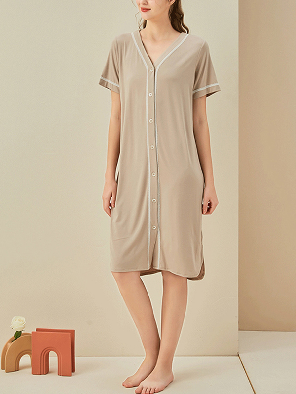 Khaki V-neck Front Button Short Sleeved Sleepdress