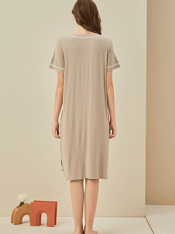 Khaki V-neck Front Button Short Sleeved Sleepdress