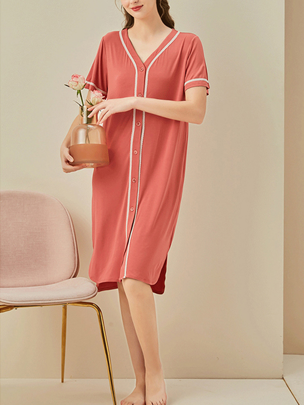 Red V-neck Front Button Short Sleeved Sleepdress