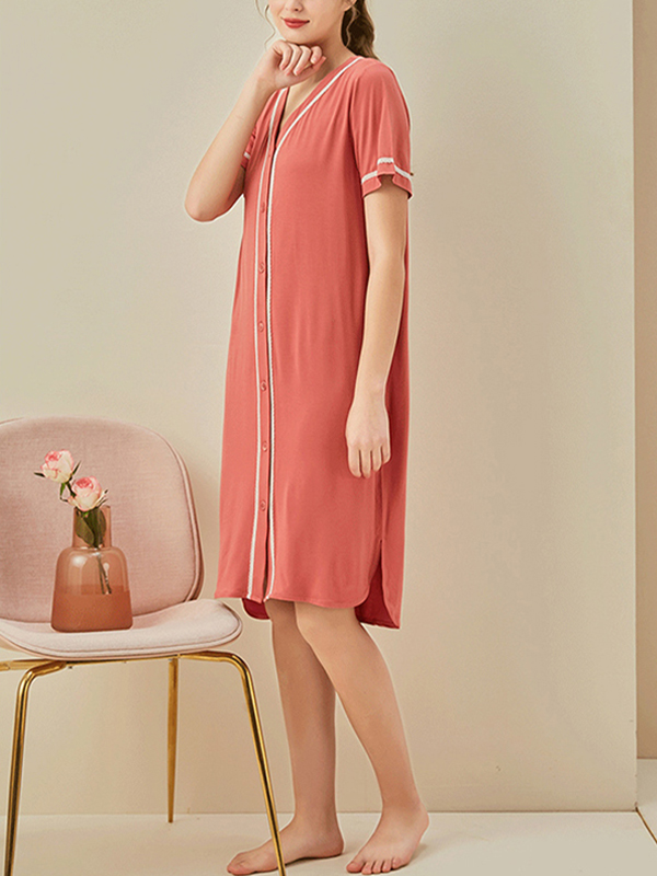 Red V-neck Front Button Short Sleeved Sleepdress