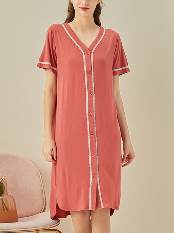 Red V-neck Front Button Short Sleeved Sleepdress