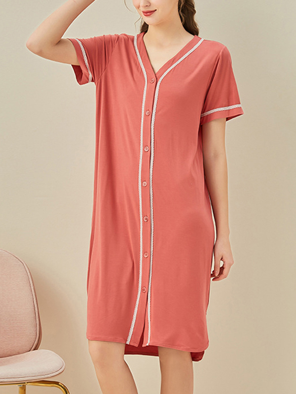 Red V-neck Front Button Short Sleeved Sleepdress