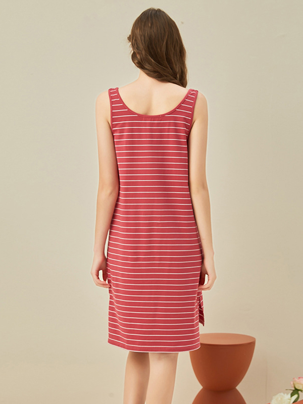 Red Striped Round Neck Sleeveless Sleepdress