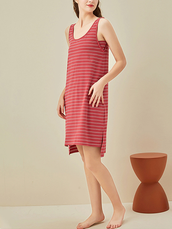 Red Striped Round Neck Sleeveless Sleepdress