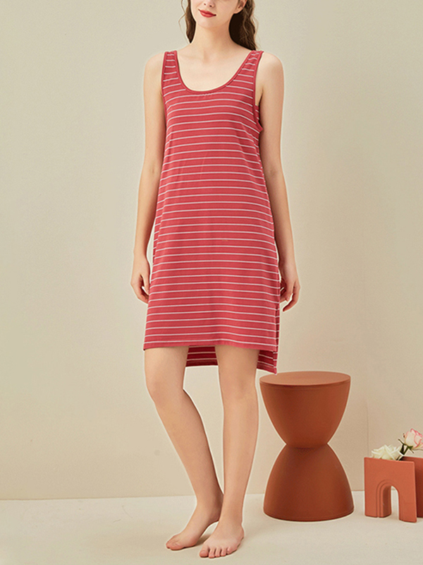 Red Striped Round Neck Sleeveless Sleepdress