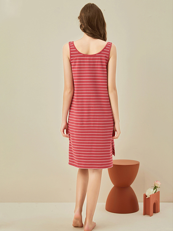 Red Striped Round Neck Sleeveless Sleepdress