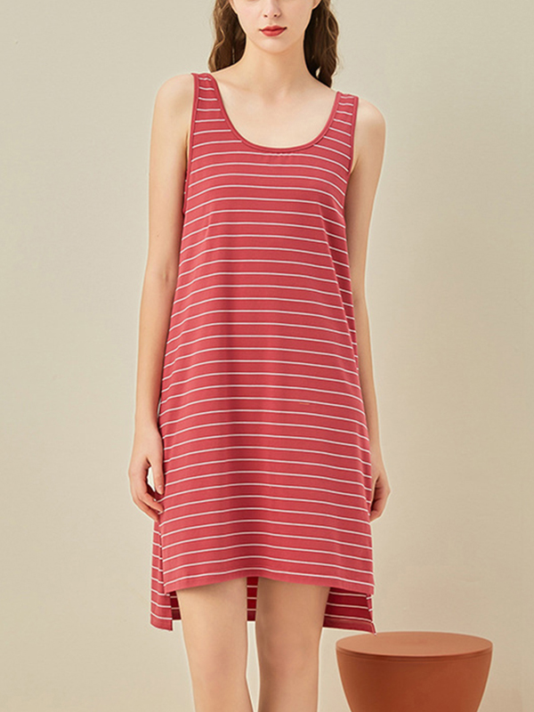 Red Striped Round Neck Sleeveless Sleepdress