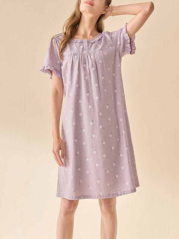 Purple Flowers Printed Short Sleeves Sleepdress