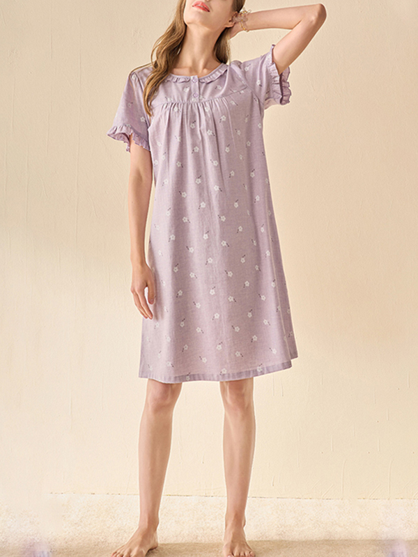 Purple Flowers Printed Short Sleeves Sleepdress