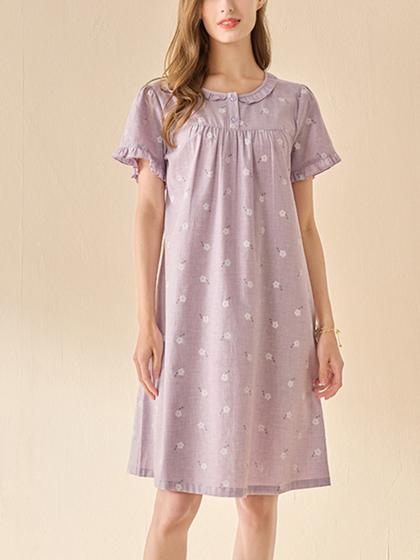 Purple Flowers Printed Short Sleeves Sleepdress