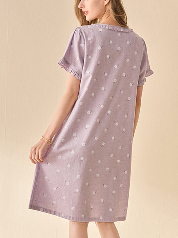 Purple Flowers Printed Short Sleeves Sleepdress