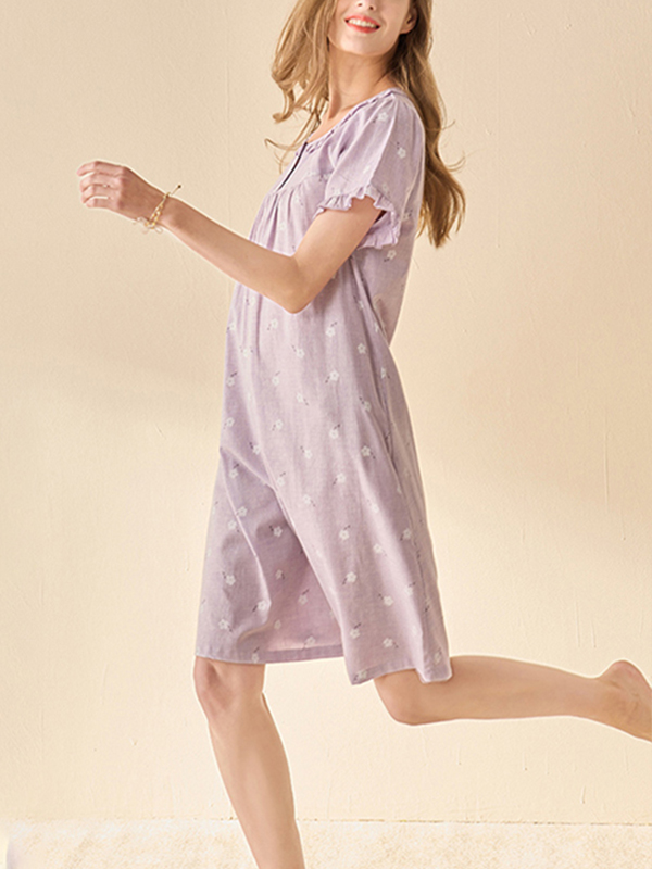 Purple Flowers Printed Short Sleeves Sleepdress