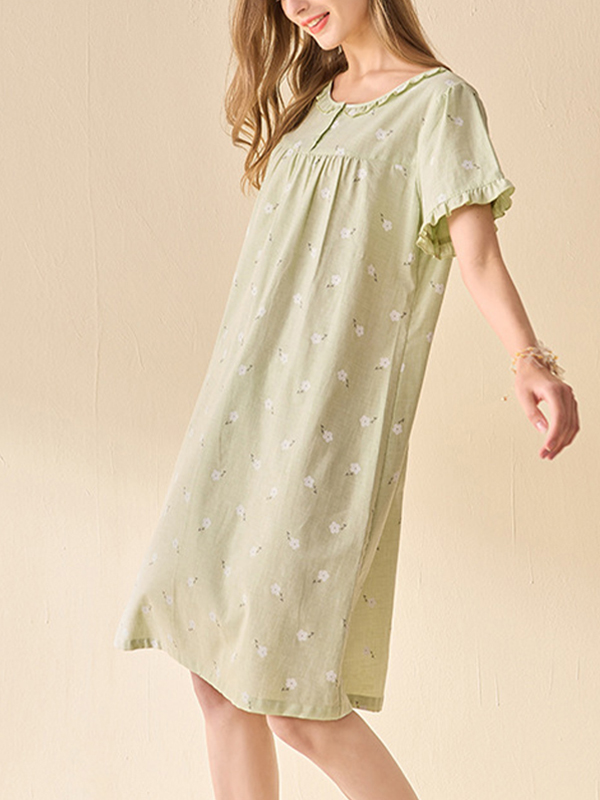 Green Flowers Printed Short Sleeves Sleepdress