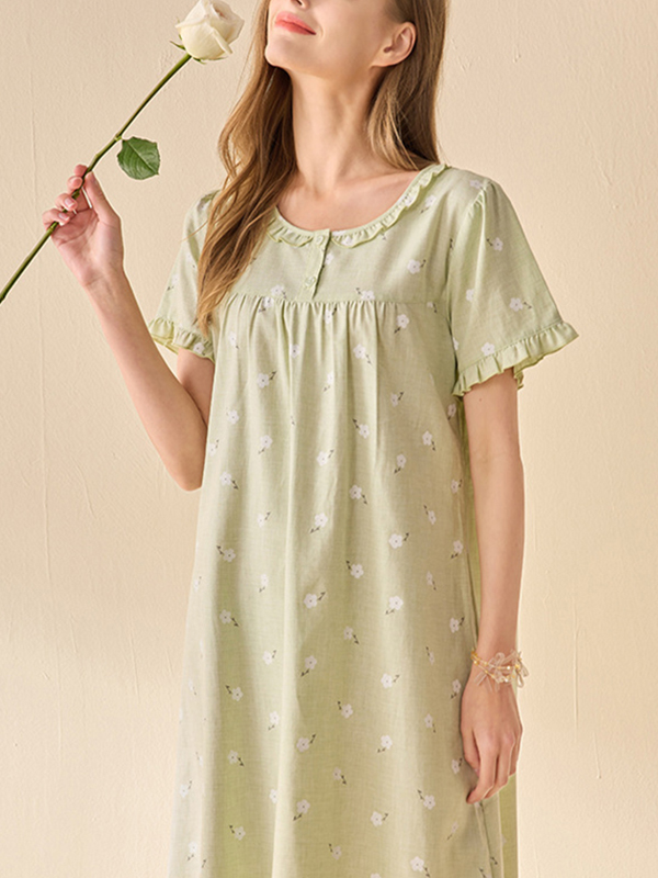 Green Flowers Printed Short Sleeves Sleepdress