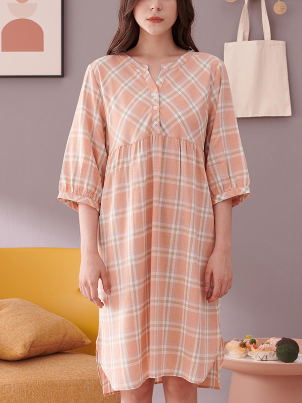 Orange Plaid Printed Half Sleeves Sleepdress