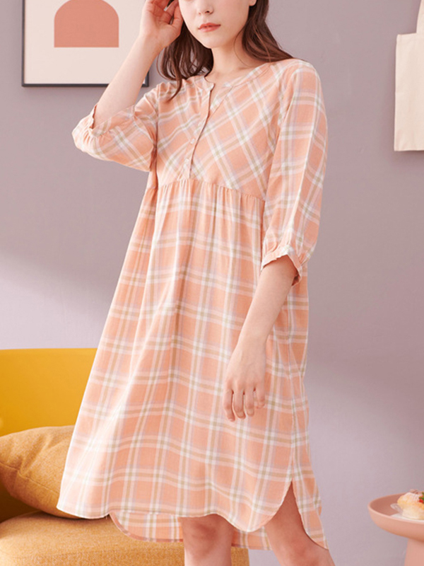 Orange Plaid Printed Half Sleeves Sleepdress