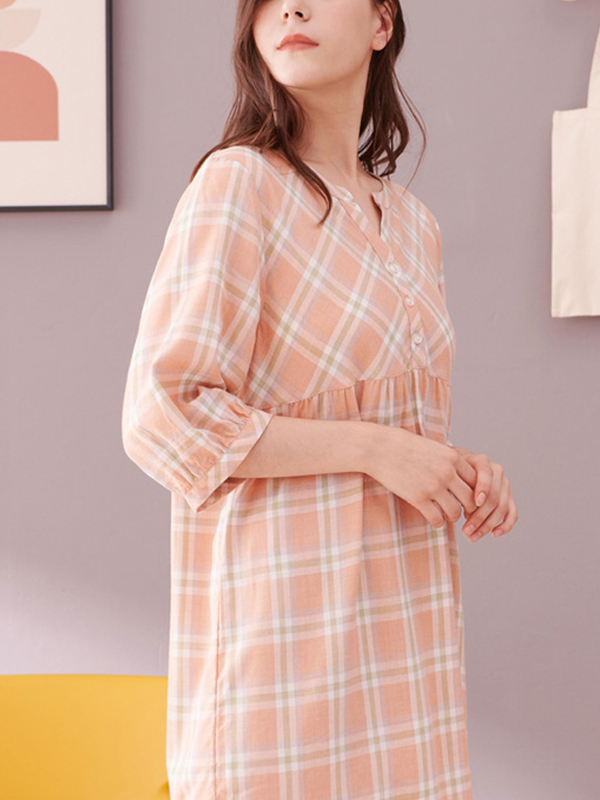 Orange Plaid Printed Half Sleeves Sleepdress