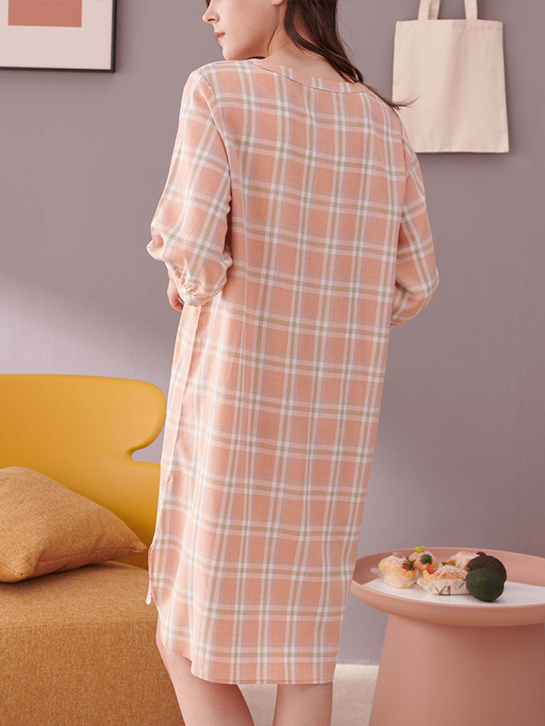 Orange Plaid Printed Half Sleeves Sleepdress