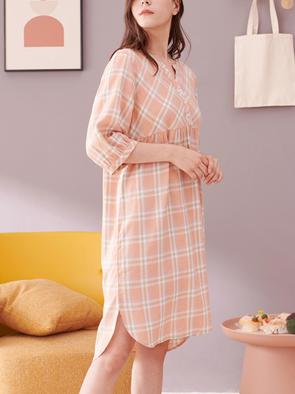 Orange Plaid Printed Half Sleeves Sleepdress