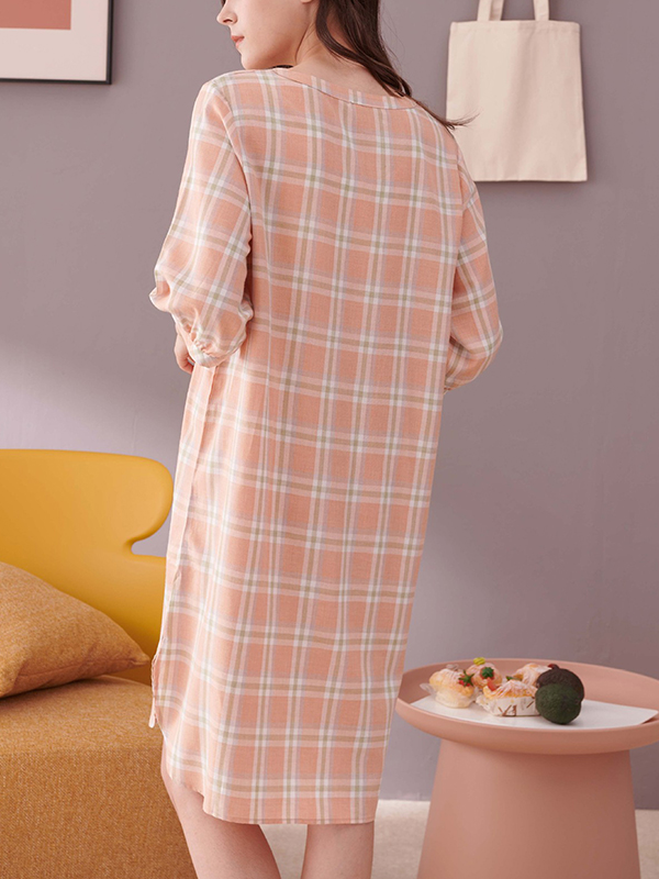 Orange Plaid Printed Half Sleeves Sleepdress