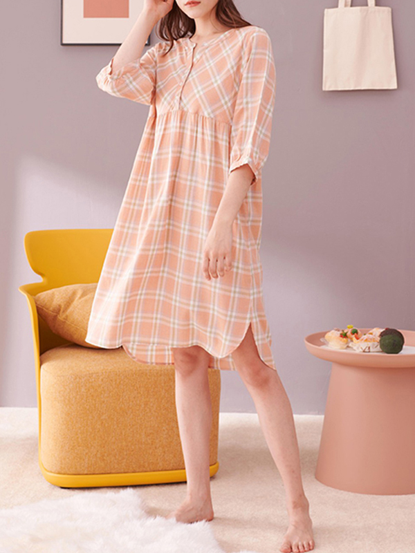 Orange Plaid Printed Half Sleeves Sleepdress