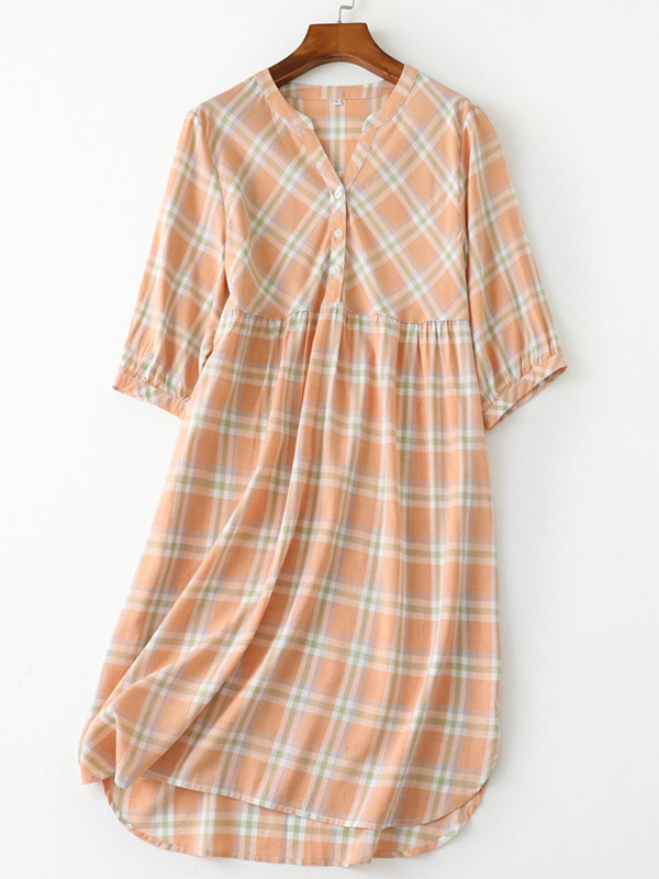 Orange Plaid Printed Half Sleeves Sleepdress