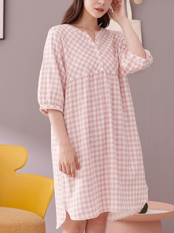 Pink Plaid Printed Half Sleeves Sleepdress