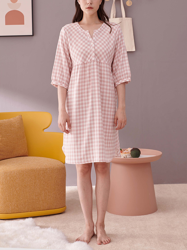 Pink Plaid Printed Half Sleeves Sleepdress