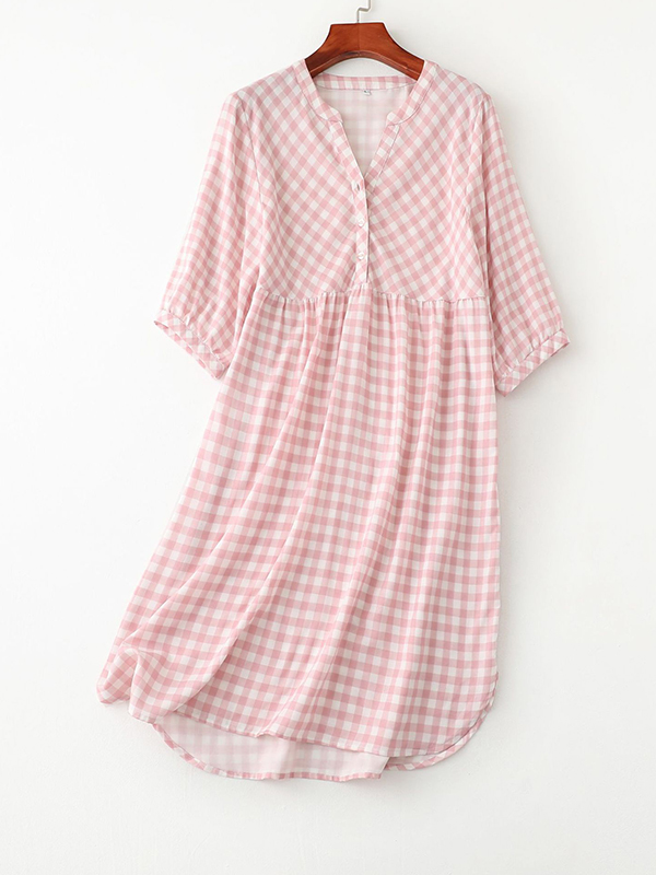 Pink Plaid Printed Half Sleeves Sleepdress