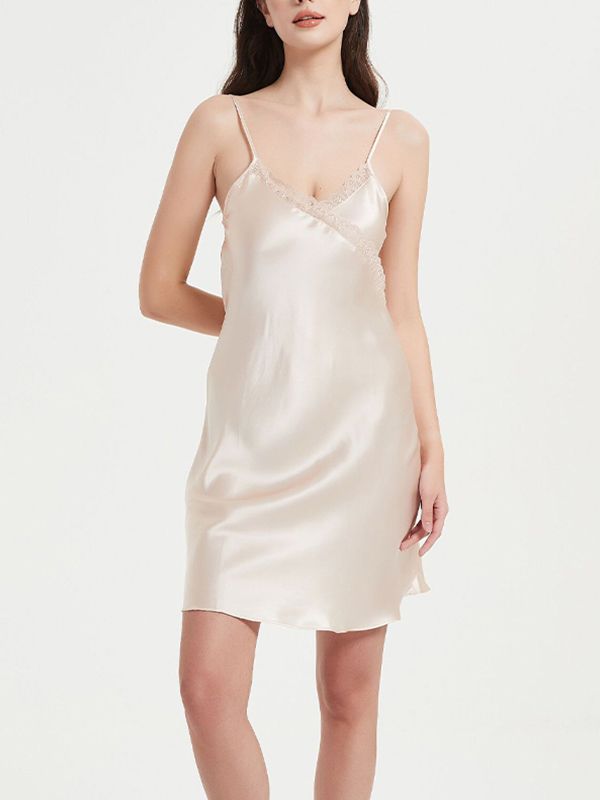 Champagne Lace Trimmed Satin Sleepdress