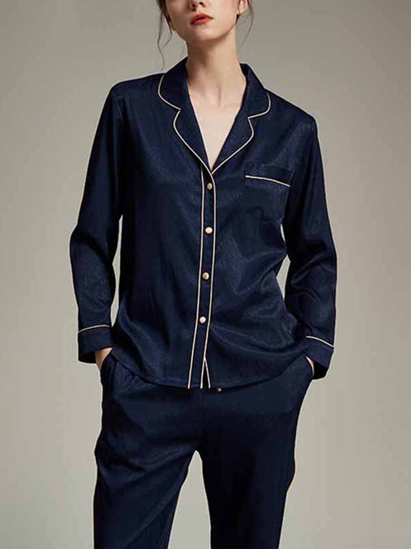 Navy Blue Classic Trimmed Satin Long Sleeves Pajama Set