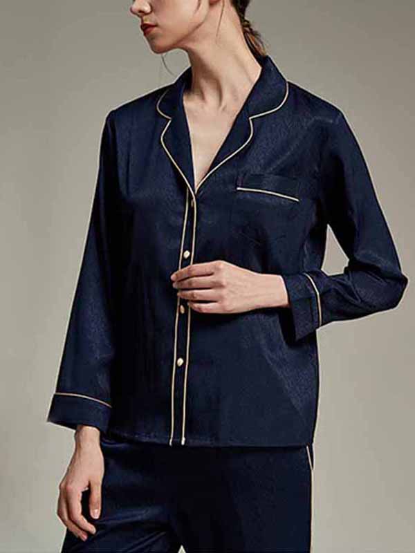 Navy Blue Classic Trimmed Satin Long Sleeves Pajama Set