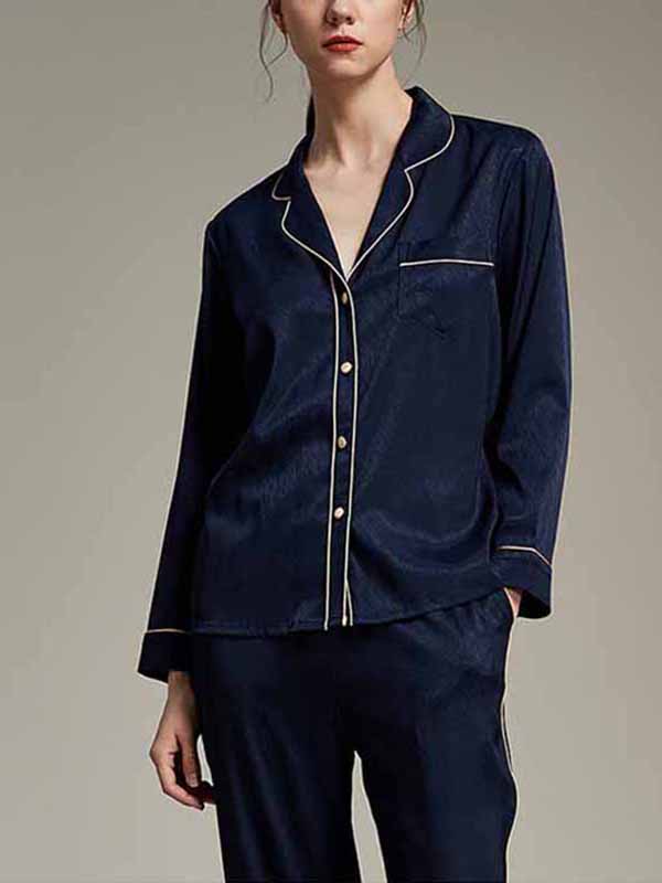 Navy Blue Classic Trimmed Satin Long Sleeves Pajama Set