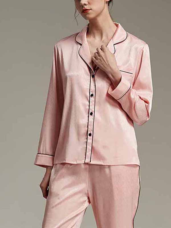 Pink Classic Trimmed Satin Long Sleeves Pajama Set