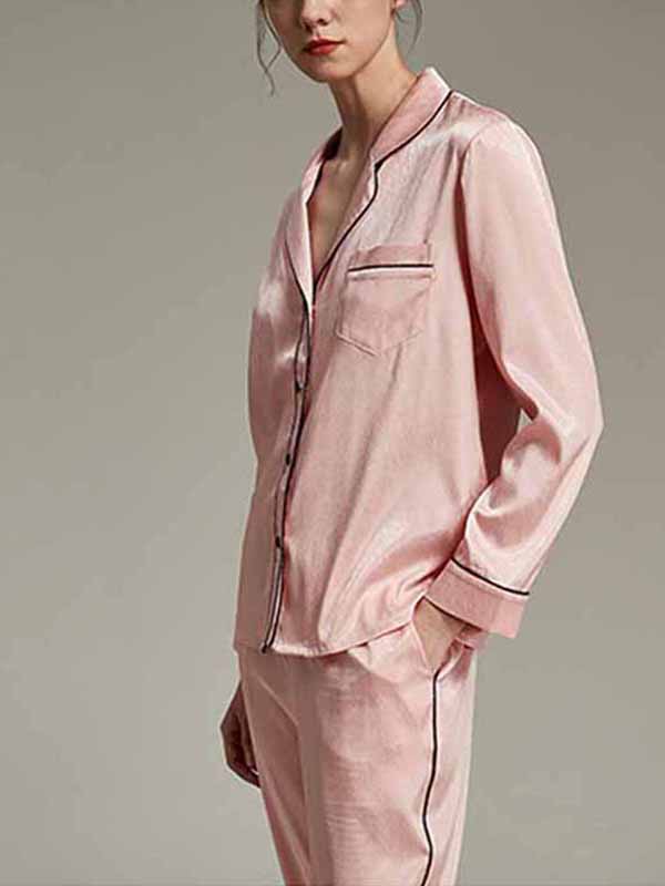 Pink Classic Trimmed Satin Long Sleeves Pajama Set