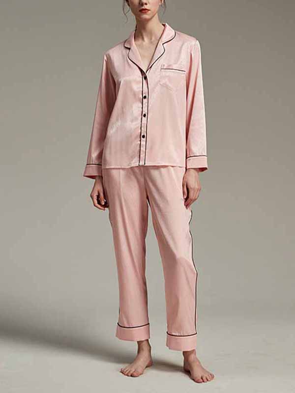 Pink Classic Trimmed Satin Long Sleeves Pajama Set