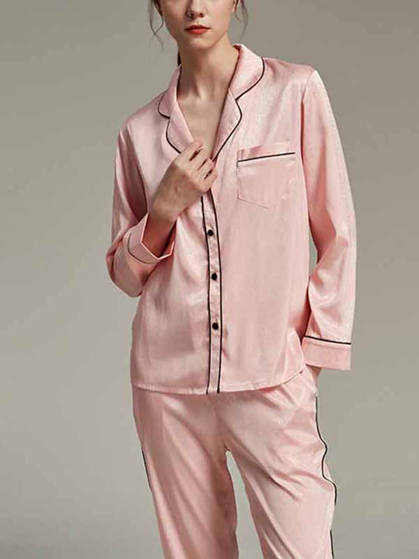 Pink Classic Trimmed Satin Long Sleeves Pajama Set