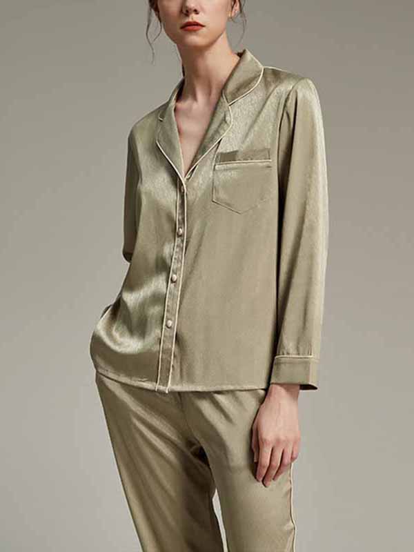 Green Classic Trimmed Satin Long Sleeves Pajama Set