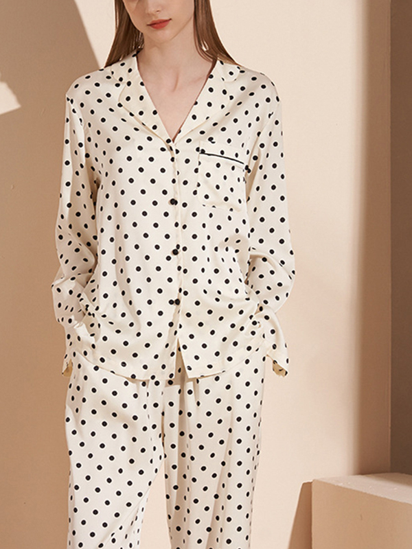 Apricot Polka Dots Print Long Sleeved Pajama Set