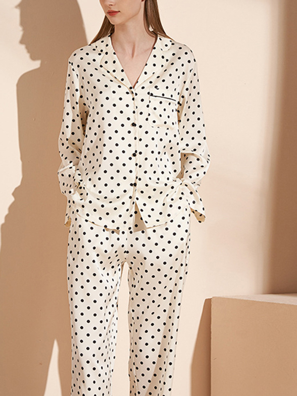 Apricot Polka Dots Print Long Sleeved Pajama Set