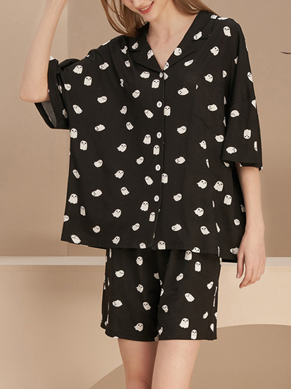 Cute Black Ghost Print Short Pajama Set