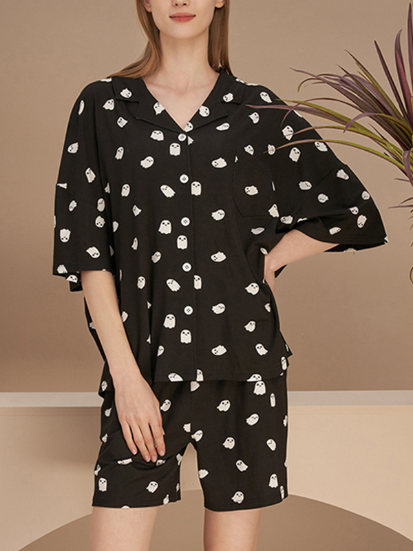 Cute Black Ghost Print Short Pajama Set