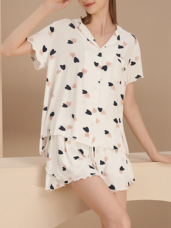 White Cute Print Short Pajama Set