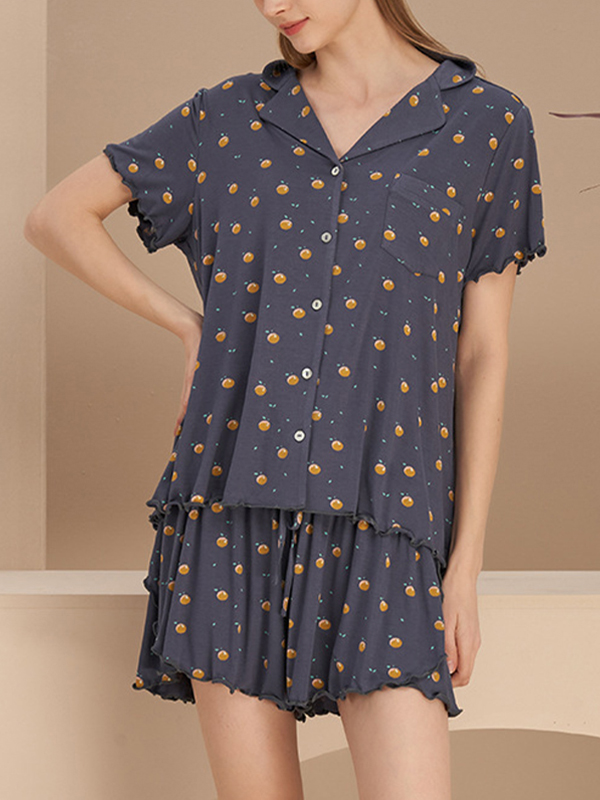 Navy Blue Cute Print Short Pajama Set