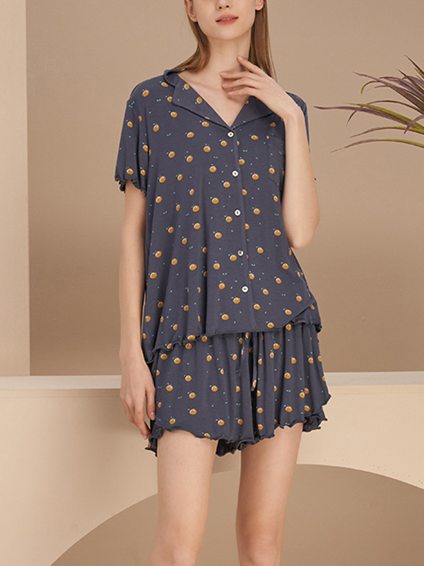 Navy Blue Cute Print Short Pajama Set