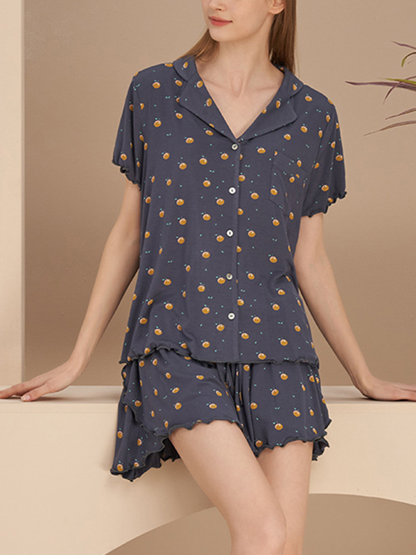 Navy Blue Cute Print Short Pajama Set