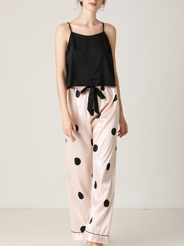 Black Camisole Pajama Set with Polka Dots Printed Pants