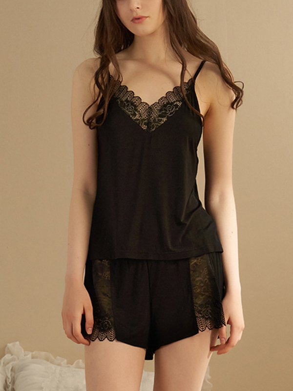 Black Modal Camisole Set with Lace Detail