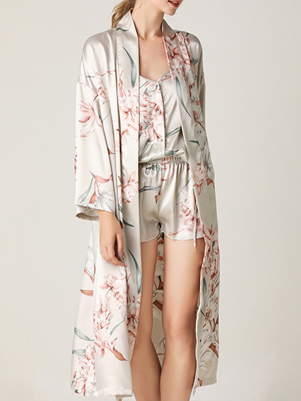 Gray Floral Printed Robe Set